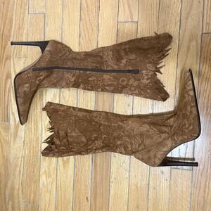 Mariano Renzi Womens High Boots 39/8 US Brown Suede Stiletto Cut-out Pointed.